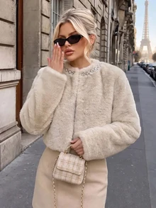 SHEIN Autumn/Winter New High Waist Faux Mink Fur Round Neck Jacket - Apricot - View 6