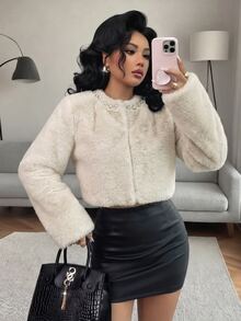 SHEIN Autumn/Winter New High Waist Faux Mink Fur Round Neck Jacket - Apricot - View 4