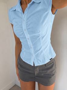 Siren Gaze Women's 100% Cotton Comfortable Breathable Casual Silver Striped Front Button Waist Shirt - Blue - View 4