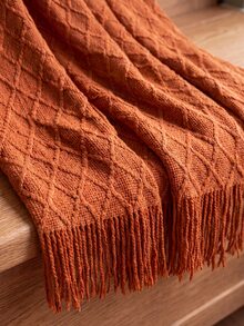 1pc Solid Color Triple Stripe Knitted Bed Blanket, Minimalist Rectangular Tassel Office Air Conditioning Blanket, Nap Blanket, Knitted Sofa Blanket, Car Blanket, Midday Rest Blanket, Throw Blanket - Tassels In Small Diamond Shapes, Caramel Color - View 2