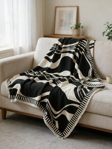 1pc Faux Wool Jacquard Throw Blanket In Black & White Abstract Design, Suitable For Sofa, Bed, Outdoor Picnic, Pet, Car, Airplane, Office, Camping - Simple Gift, Versatile Daily Use - Black - View 6