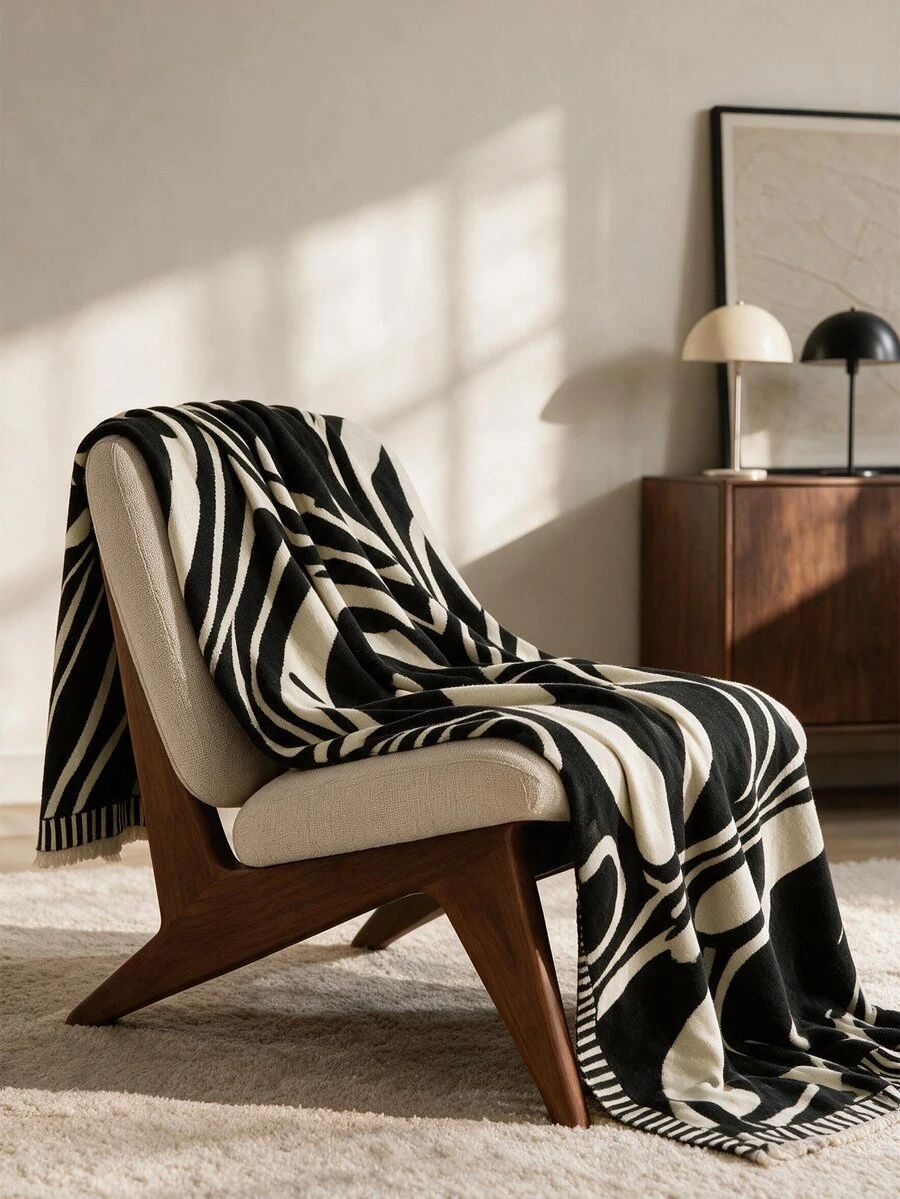 1pc Faux Wool Jacquard Throw Blanket In Black & White Abstract Design, Suitable For Sofa, Bed, Outdoor Picnic, Pet, Car, Airplane, Office, Camping - Simple Gift, Versatile Daily Use - Black - View 1