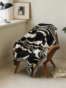 1pc Faux Wool Jacquard Throw Blanket In Black & White Abstract Design, Suitable For Sofa, Bed, Outdoor Picnic, Pet, Car, Airplane, Office, Camping - Simple Gift, Versatile Daily Use - Black - View 2