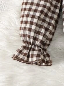SHEIN فستان بناتي للمراهقات للأطفال خريف/شتاء يومي ريفي مربعات مرقعة بياقة بيتر بان - بني - مشاهدة 4