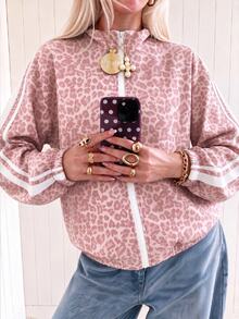SHEIN EZwear Jaket Lengan Panjang Kasual Wanita Motif Leopard Colorblock - Baby Pink - View 3