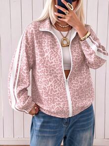SHEIN EZwear Jaket Lengan Panjang Kasual Wanita Motif Leopard Colorblock - Baby Pink - View 5