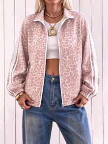 SHEIN EZwear Jaket Lengan Panjang Kasual Wanita Motif Leopard Colorblock - Baby Pink - View 7
