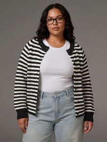 SHEIN Tall CURVE 大尺碼秋季休閒正裝復古優雅黑白開襟衫 適合辦公室、晚宴與正式場合 - 黑與白 - 查看 6