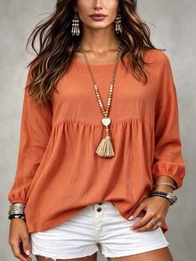 Linhara CURVE Plus Size Women's Woven Casual Fall Shirt - Orange - View 3