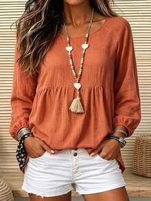Linhara CURVE Plus Size Women's Woven Casual Fall Shirt - Orange - View 6