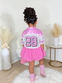 Young Girl 2pcs/Set Fashion Sports Casual V-Neck Short Sleeve Graphic Print Top + Pink Bubble Skirt Outfit, Spring/Summer - Pink - View 2