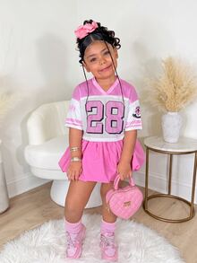 Young Girl 2pcs/Set Fashion Sports Casual V-Neck Short Sleeve Graphic Print Top + Pink Bubble Skirt Outfit, Spring/Summer - Pink - View 3