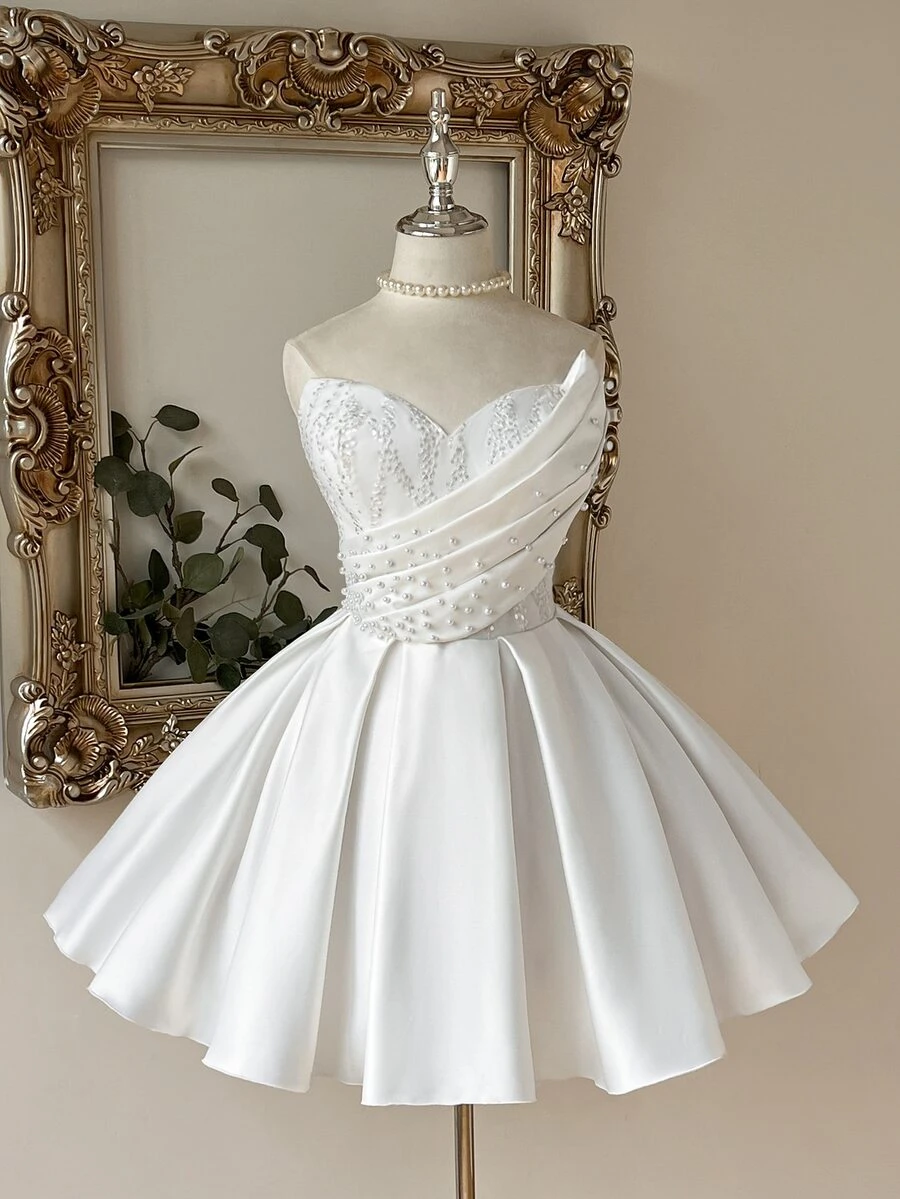 Lovelzi Elegant Luxurious White Sequin Embroidered Patchwork Satin Handmade Sequins Decor Strapless Asymmetric Bubble Hem Wedding Gift Party Dress - White - View 1