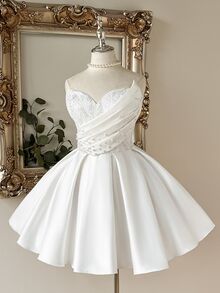 Lovelzi Elegant Luxurious White Sequin Embroidered Patchwork Satin Handmade Sequins Decor Strapless Asymmetric Bubble Hem Wedding Gift Party Dress - White - View 4
