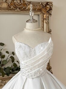 Lovelzi Elegant Luxurious White Sequin Embroidered Patchwork Satin Handmade Sequins Decor Strapless Asymmetric Bubble Hem Wedding Gift Party Dress - White - View 2