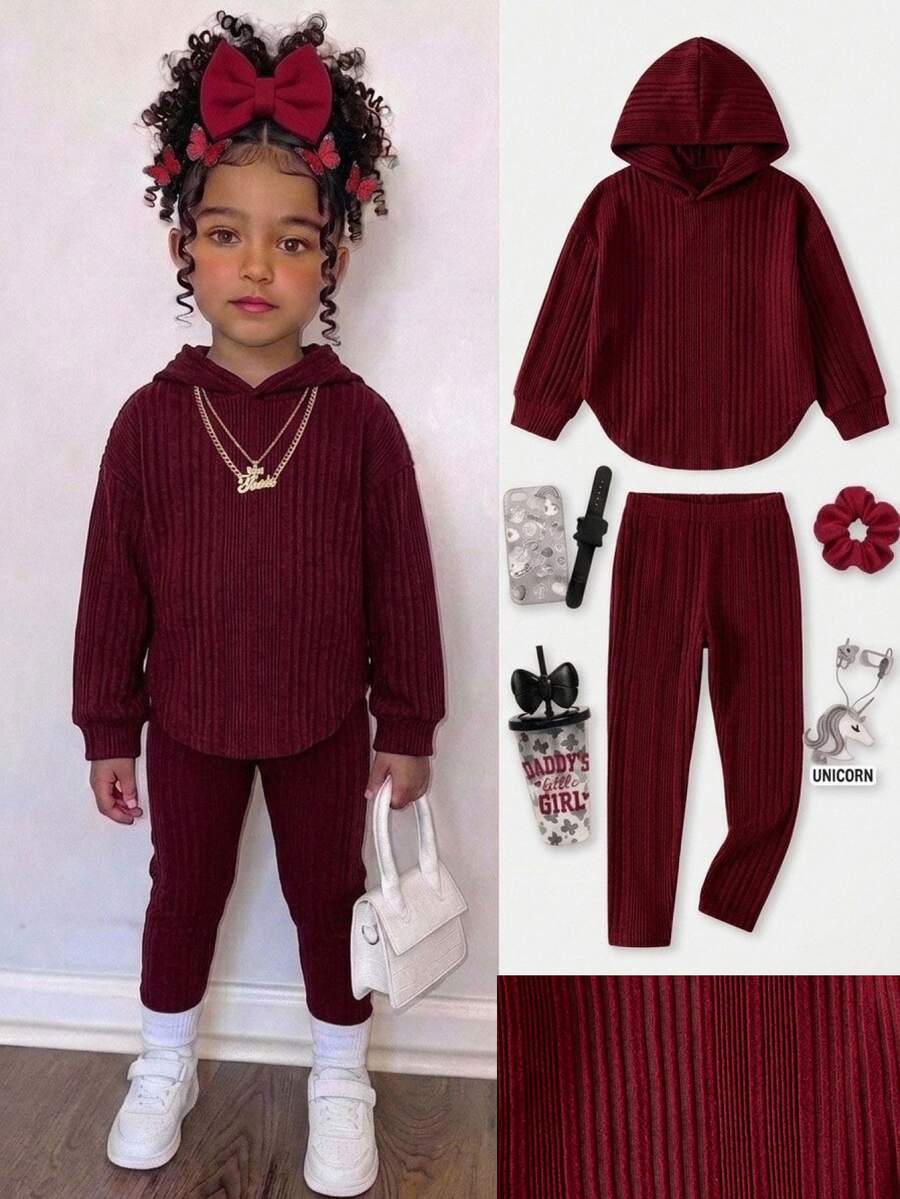 SHEIN Young Girl Solid Color Kids Hoodie And Pants Casual Daily Outfit - Multicolor - View 1