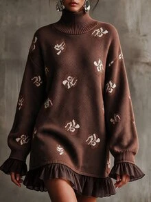 Omancia Elegant High Neck Ruffle Design Long Sleeve Women's Sweater - Brown - View 4