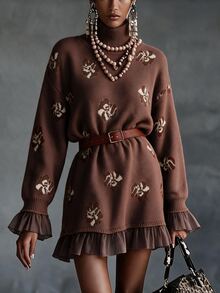 Omancia Elegant High Neck Ruffle Design Long Sleeve Women's Sweater - Brown - View 5