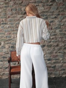 Summer Sherwood Textured Linen Stripe Button Shirt Co-Ord Top Only Spring Summer Beachwear Holiday Vacation Cute Casual - Multicolor - View 3
