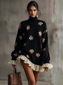 Omancia Elegant High Neck Ruffle Design Long Sleeve Women's Sweater - Black - View 1
