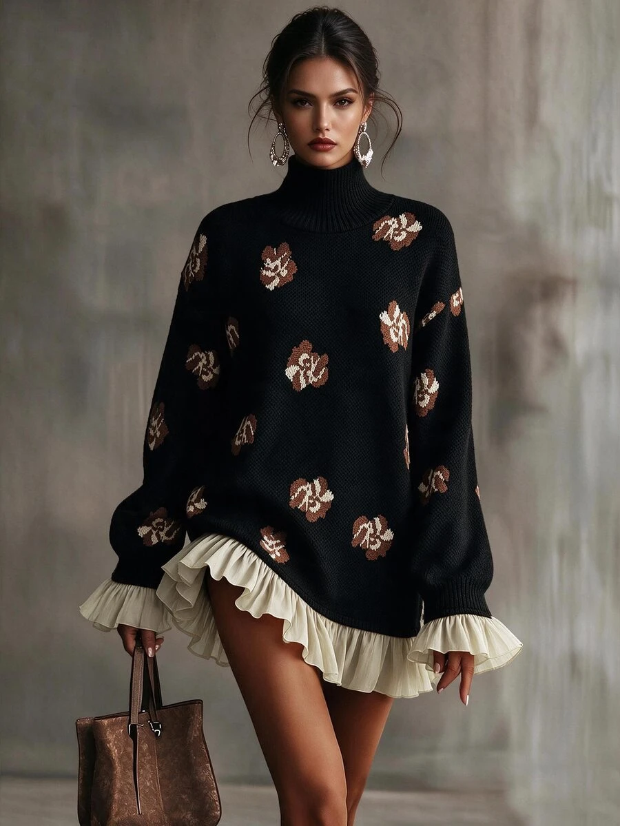Omancia Elegant High Neck Ruffle Design Long Sleeve Women's Sweater - Black - View 1