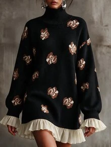 Omancia Elegant High Neck Ruffle Design Long Sleeve Women's Sweater - Black - View 4