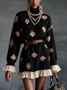 Omancia Elegant High Neck Ruffle Design Long Sleeve Women's Sweater - Black - View 5