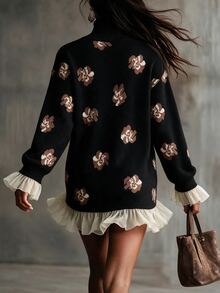 Omancia Elegant High Neck Ruffle Design Long Sleeve Women's Sweater - Black - View 2