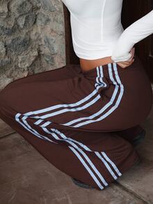 Summer Sherwood Women's Casual Colorblock Striped Wide Leg Sweatpants, Suitable For Summer, Autumn, Winter, Brown Wide Leg Pants - Brown - View 4