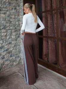 Summer Sherwood Women's Casual Colorblock Striped Wide Leg Sweatpants, Suitable For Summer, Autumn, Winter, Brown Wide Leg Pants - Brown - View 2