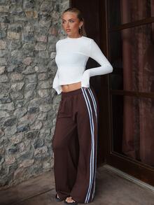 Summer Sherwood Women's Casual Colorblock Striped Wide Leg Sweatpants, Suitable For Summer, Autumn, Winter, Brown Wide Leg Pants - Brown - View 1