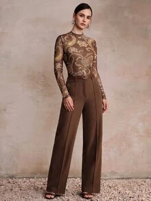 Anewsta 秋冬新款優雅時尚休閒外出約會佩斯利印花彈性網眼女款T恤 - 咖啡棕 - 查看 5
