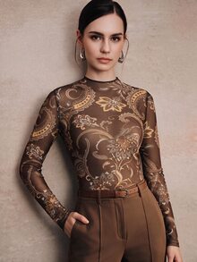 Anewsta 秋冬新款優雅時尚休閒外出約會佩斯利印花彈性網眼女款T恤 - 咖啡棕 - 查看 4