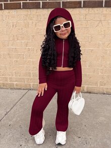 Kids Young Girls Textured Jacquard Knit Hooded Sweatshirt + Flare Leg Pants 2 Pieces Set, Casual Daily Fashion Versatile - Burgundy - View 3