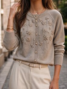 SHEIN Commuter Casual Versatile Gentle Style Pearl Button 3D Embroidered Knit Cardigan Women Spring Autumn Loose Soft Long Sleeve Top - Camel - View 4