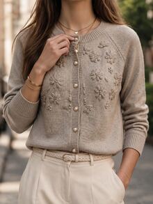 SHEIN Commuter Casual Versatile Gentle Style Pearl Button 3D Embroidered Knit Cardigan Women Spring Autumn Loose Soft Long Sleeve Top - Camel - View 7
