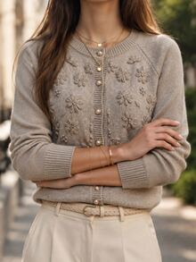SHEIN Commuter Casual Versatile Gentle Style Pearl Button 3D Embroidered Knit Cardigan Women Spring Autumn Loose Soft Long Sleeve Top - Camel - View 6