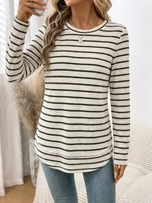 SHEIN LUNE Women's Casual Crew Neck Sweatshirt With Asymmetrical Hem, Textured Jacquard Striped Fabric, Suitable For Autumn/Winter,New Year Outfit - Olive Green - View 5