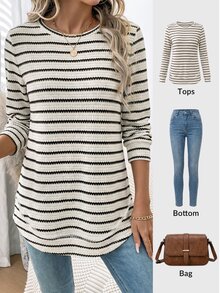 SHEIN LUNE Women's Casual Crew Neck Sweatshirt With Asymmetrical Hem, Textured Jacquard Striped Fabric, Suitable For Autumn/Winter,New Year Outfit - Olive Green - View 7