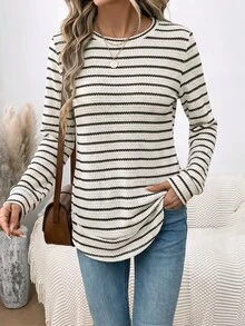 SHEIN LUNE Women's Casual Crew Neck Sweatshirt With Asymmetrical Hem, Textured Jacquard Striped Fabric, Suitable For Autumn/Winter,New Year Outfit - Olive Green - View 3