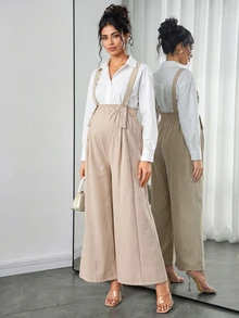 SHEIN Maternity Jumpsuit Casual Comfortable Wide Strap Front Button Side Zipper A-Line Wide Leg Apricot Jacquard Textured Fabric Composite Fleece Material Long - Apricot - View 2