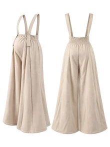 SHEIN Maternity Jumpsuit Casual Comfortable Wide Strap Front Button Side Zipper A-Line Wide Leg Apricot Jacquard Textured Fabric Composite Fleece Material Long - Apricot - View 7