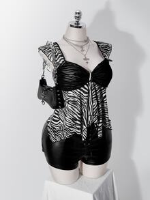SHEIN ICON 女款大尺碼復古性感千禧風Y2K時尚個性都市現代簡約休閒黑白斑馬紋不對稱下擺上衣 - 彩色 - 查看 7