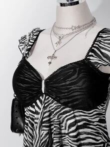 SHEIN ICON 女款大尺碼復古性感千禧風Y2K時尚個性都市現代簡約休閒黑白斑馬紋不對稱下擺上衣 - 彩色 - 查看 5