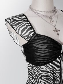 SHEIN ICON 女款大尺碼復古性感千禧風Y2K時尚個性都市現代簡約休閒黑白斑馬紋不對稱下擺上衣 - 彩色 - 查看 9