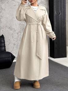 SHEIN EZwear Plus Size Women's Khaki Lapel Long Sleeve Long Windbreaker, Autumn/ Winter Fall - Khaki - View 3