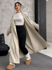 SHEIN EZwear Plus Size Women's Khaki Lapel Long Sleeve Long Windbreaker, Autumn/ Winter Fall - Khaki - View 5