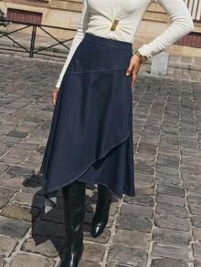 Maija 海軍藍女款裙子，秋季都市休閒優雅分層蓬鬆下擺辦公通勤 - 藏蓝色 - 查看 1