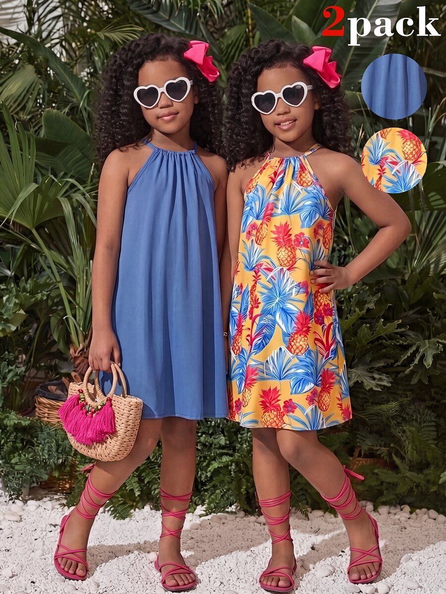 SHEIN 2pcs/Set Tween Girl Blue And Yellow Halter Ruffle Hem Dress, Squishy Print Boho Summer Holiday Vacation, Casual Daily Fashion Outfit For Camping - Multicolor - View 1