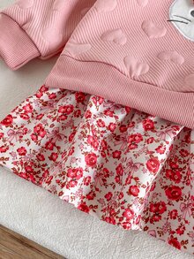 SHEIN 1pc Baby Girls Sweater Dress Cute Sweet Pink Heart Embossed Cat Bow Floral Ruffle Long Sleeve Round Neck Regular Party Fall Holiday A-Line - Pink - View 7
